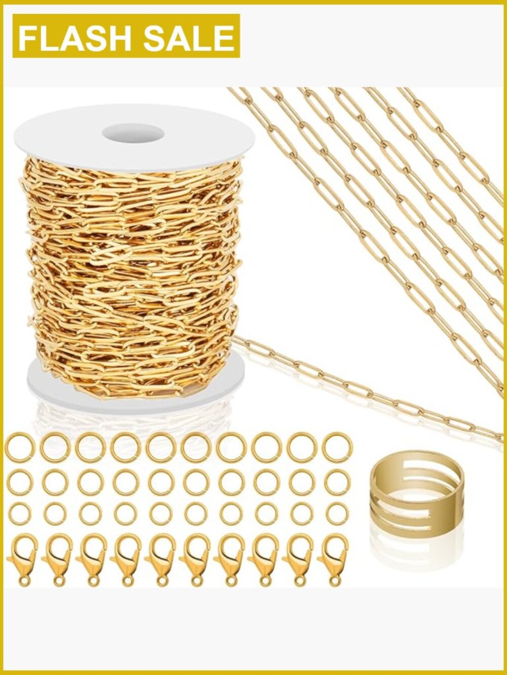 18k Gold Plated Paperclip Chain Roll 43ft for Jewelry Making with Clasps & Rings